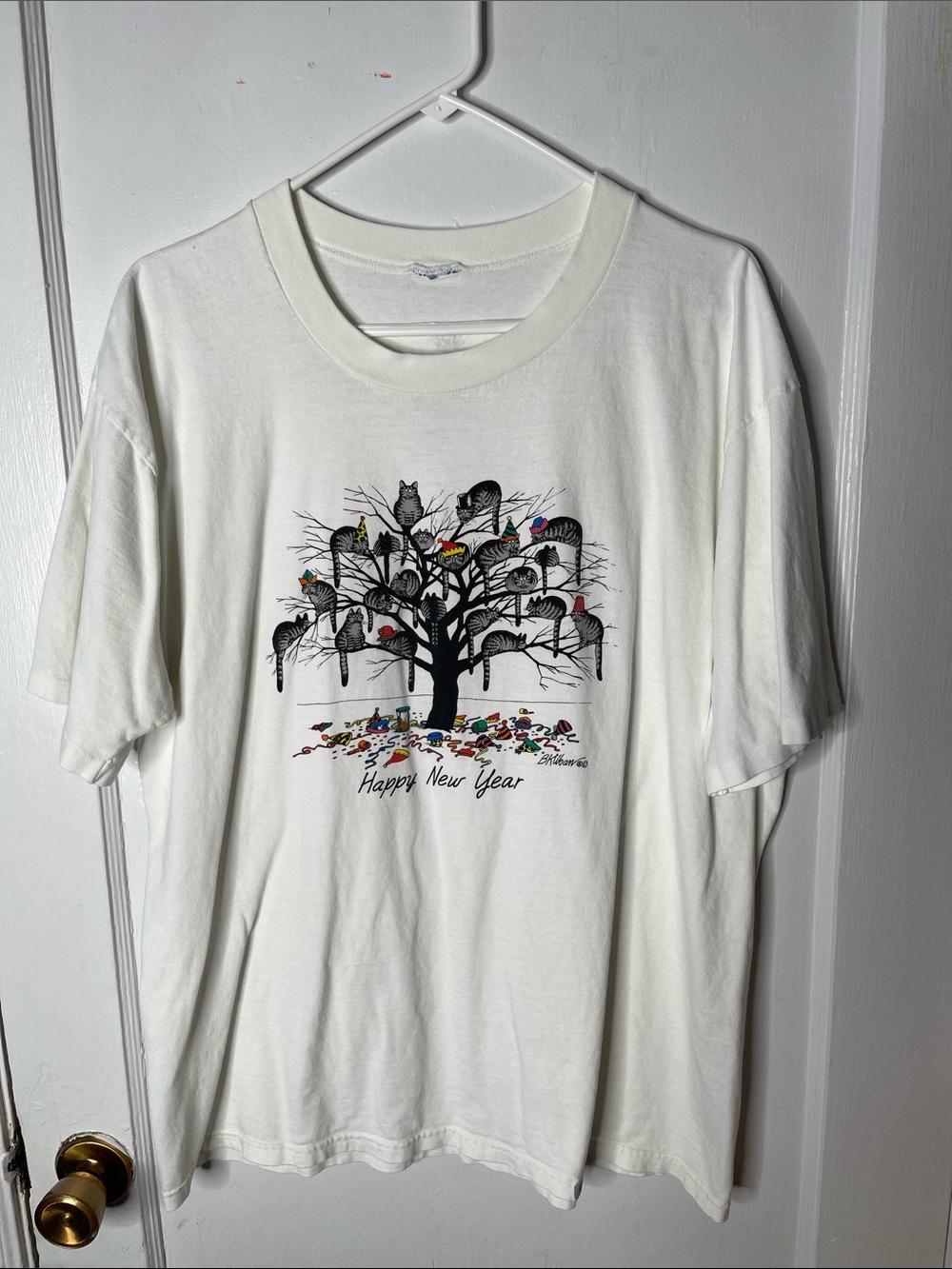 90s Crazy Shirts Kliban Cats New Years Eve Tree Party Hats Vintage L NYE T-shirt